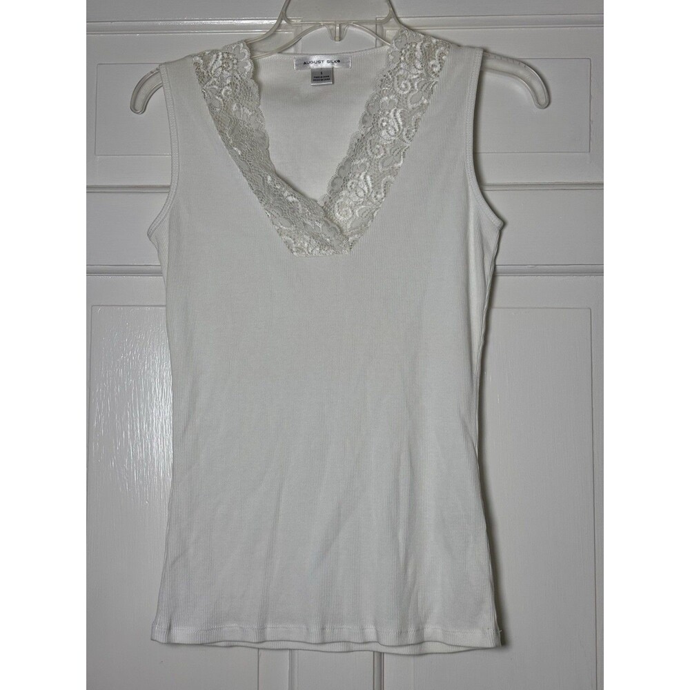 August Silk Womens S Tank Top Ribbed V-Neck Shell Accent White
